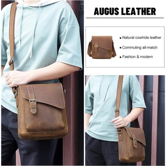 Mens Leather Messenger Bag Crossbody Shoulder Bag Vintage Waterproof Casual Purs - Picture 4 of 7